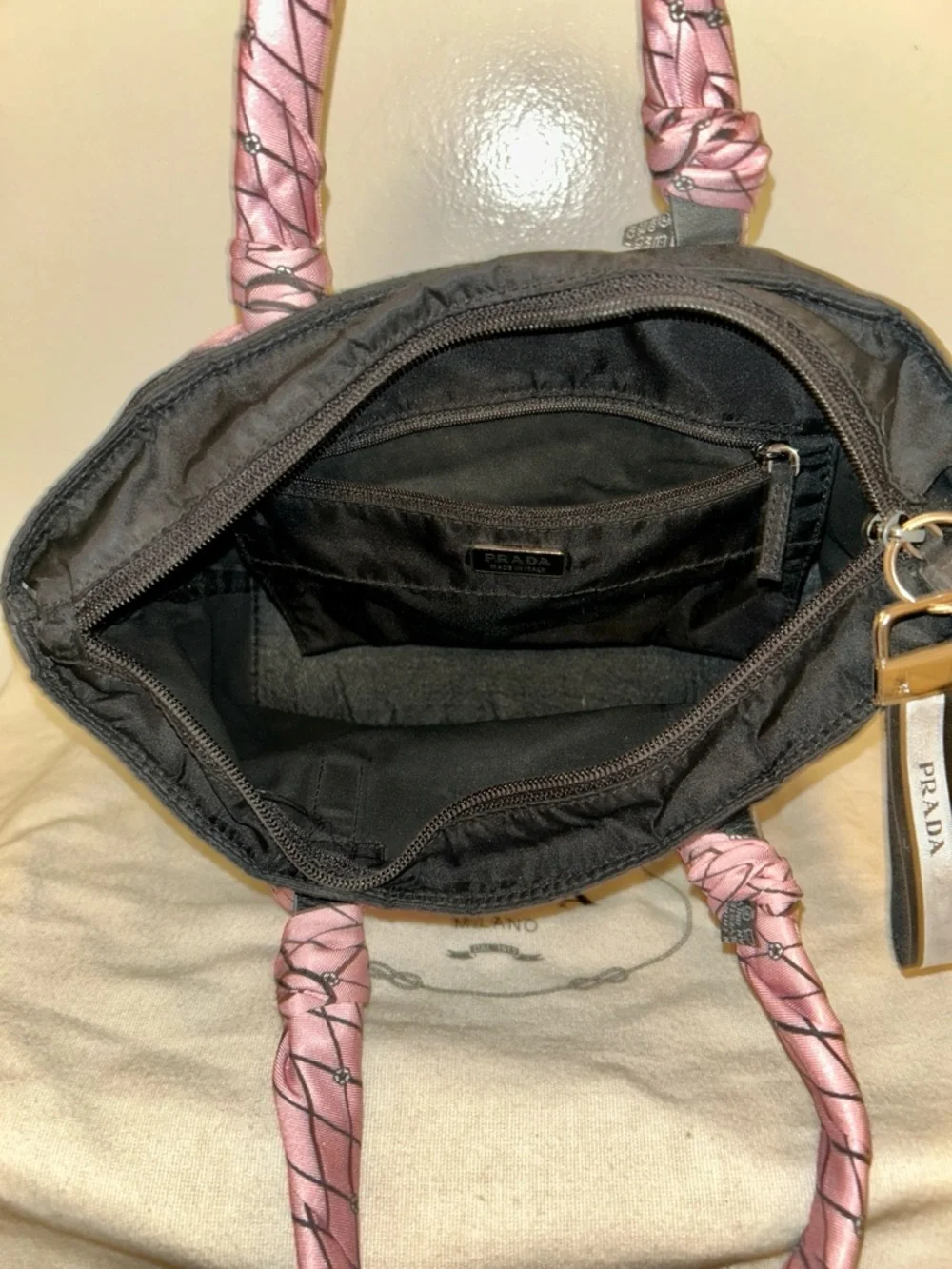 Prada Black Nylon Tote with Pink Scarf-Detail Handles - Picture 11 of 12